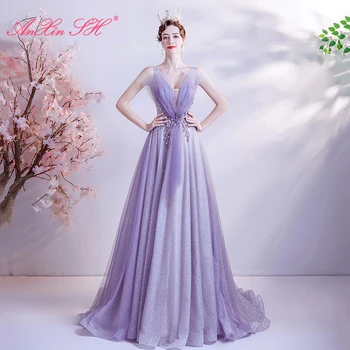 AnXin SH принцесса фиолетовое кружевное вечернее платье с v-образным вырезом, расшитое бисером и хрустальными оборками, иллюзия длинного фиолетового вечернего платья невесты 17007