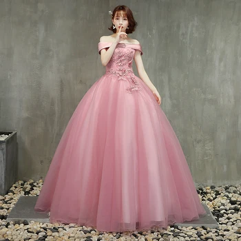 Элегантные пышные платья с открытыми плечами из розового тюля для выпускного вечера, классические бальные платья с кружевными цветами больших размеров